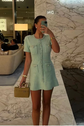 Short-Sleeve Mint Tweed A-Line Mini Dress with Pearl Embellishments