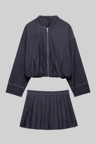 Denim Chic Pleated Mini Skirt & Bomber Jacket Set
