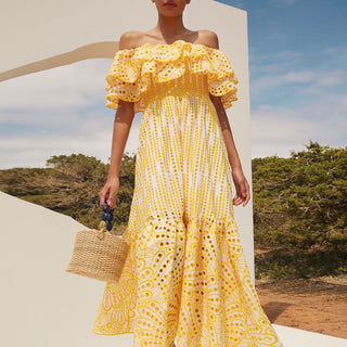 Embroidered Off Shoulder Ruffled Long Dress