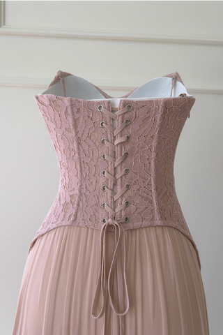 Romantic Blush Lace-Up Corset Maxi Dress with Sweetheart Neckline & Flowing Pleated Skirt