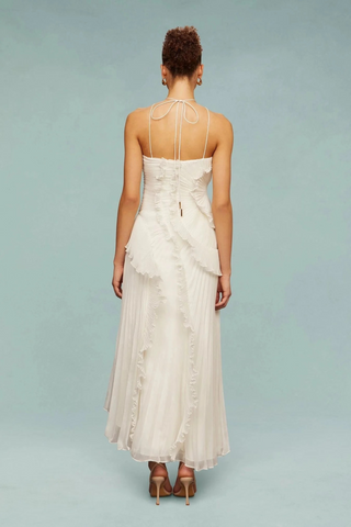 Halter Neck Pleated Ruffle Long Dress