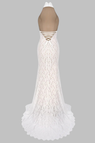 Halter Neck Lace Mermaid Long Dress  – Backless Sheer Dress with Lace-Up Detail and Train