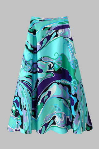 Retro Swirl Satin Two-Piece Set – Scarf Tie Crop Top & High-Waist Long Skirt