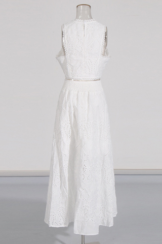 Sky Bloom Embroidered Eyelet Set  Round Neck Crop Top & High-Waist Maxi Skirt