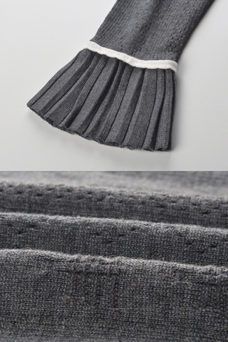 Charcoal Gray Three-Piece Knitted Set with White Floral Trim – Cardigan, Top & Pleated Mini Skirt