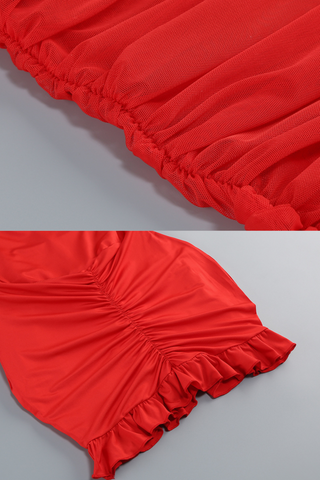 Scarlet Off-Shoulder Mesh Tulle Ruched Bodycon Mini Dress with Ruffled Hem & Stretch Lining