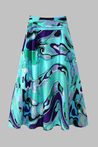 Retro Swirl Satin Two-Piece Set – Scarf Tie Crop Top & High-Waist Long Skirt