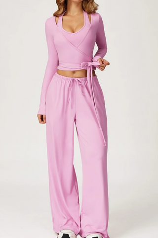 3-Piece Sport Wrap Lounge Set with Long Sleeve Crop Top, Halter Tank, and Wide-Leg Pants
