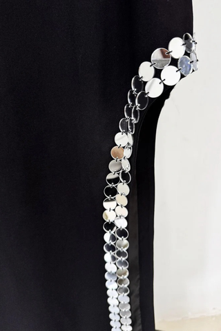 Long Sleeve Black Long Dress with Sequin Cutout Detailing and High Slit