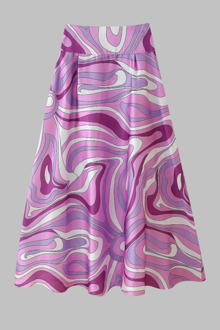 Retro Swirl Satin Two-Piece Set – Scarf Tie Crop Top & High-Waist Long Skirt