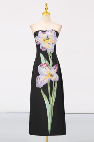 Strapless Floral Embroidered  Multicolor 3D Appliqué Slim Fit Long Dress
