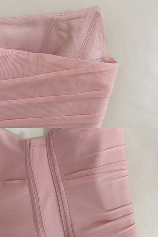 Dusty Rose Draped Mesh Strapless Set with Convertible Scarf & Fishtail Maxi Skirt