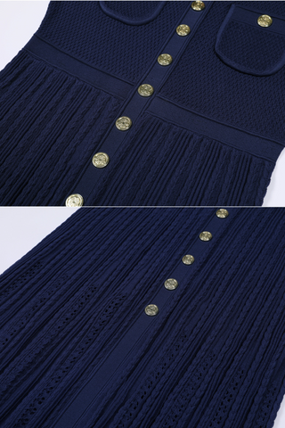 Elegant Sleeveless Textured Knit Long Dress with Button Front and Fitted Waistline