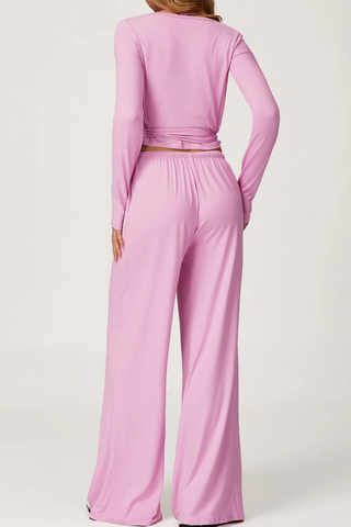 3-Piece Sport Wrap Lounge Set with Long Sleeve Crop Top, Halter Tank, and Wide-Leg Pants