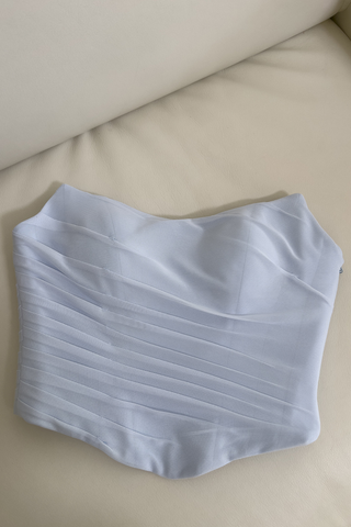 Light Blue Mesh Ruched  Set – Strapless Bustier Top & Fishtail Maxi Skirt with Sheer Scarf