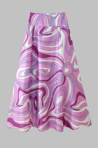 Retro Swirl Satin Two-Piece Set – Scarf Tie Crop Top & High-Waist Long Skirt