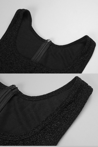 Glamorous Black Mermaid Long Dress Sleeveless Scoop Neck, Glitter Knit Bodice with 3D Rosette Feathered Skirt