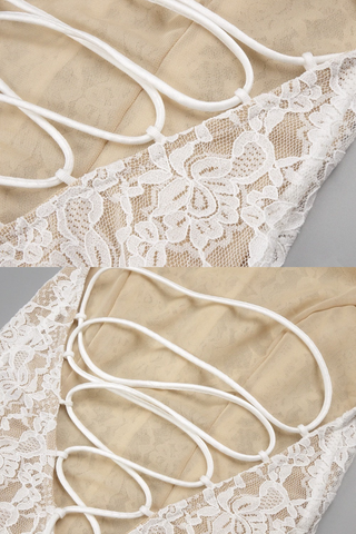 Halter Neck Lace Mermaid Long Dress  – Backless Sheer Dress with Lace-Up Detail and Train