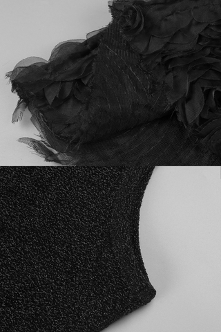 Glamorous Black Mermaid Long Dress Sleeveless Scoop Neck, Glitter Knit Bodice with 3D Rosette Feathered Skirt