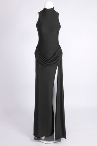 High-Neck Draped Waist with Side Slit  Long Dress