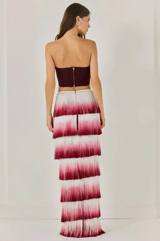 Wine Red Corset Spandex Top &  Tassel Long Skirt Set