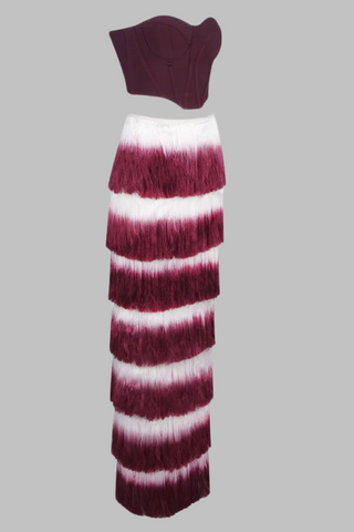Wine Red Corset Spandex Top &  Tassel Long Skirt Set