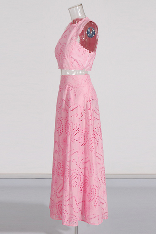 Sky Bloom Embroidered Eyelet Set  Round Neck Crop Top & High-Waist Maxi Skirt