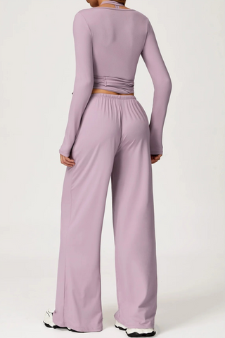 3-Piece Sport Wrap Lounge Set with Long Sleeve Crop Top, Halter Tank, and Wide-Leg Pants