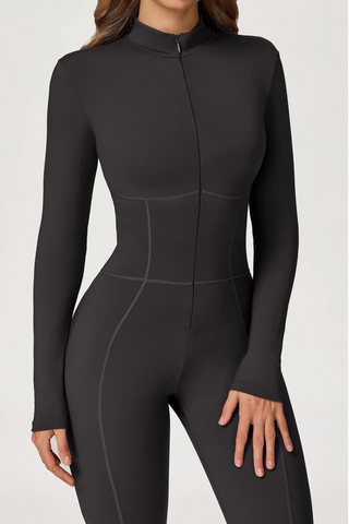 Long Sleeve Zip-Front Sport Jumpsuit – Slim Fit One-Piece Activewear