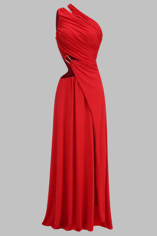 One-Shoulder Draped Long Dress with Side Cutout & Gold Ring Design