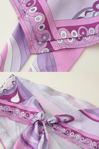 Retro Swirl Satin Two-Piece Set – Scarf Tie Crop Top & High-Waist Long Skirt