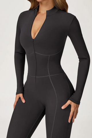 Long Sleeve Zip-Front Sport Jumpsuit – Slim Fit One-Piece Activewear