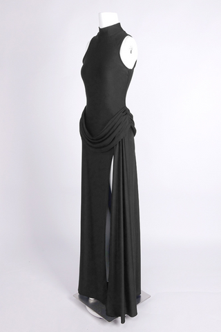 High-Neck Draped Waist with Side Slit  Long Dress