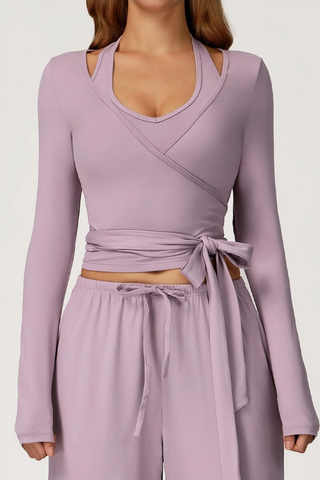 3-Piece Sport Wrap Lounge Set with Long Sleeve Crop Top, Halter Tank, and Wide-Leg Pants