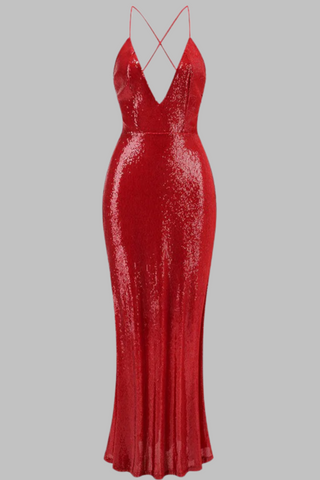 Red Sequin Plunge V-Neck Backless Long Dress