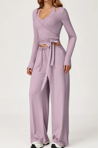 3-Piece Sport Wrap Lounge Set with Long Sleeve Crop Top, Halter Tank, and Wide-Leg Pants