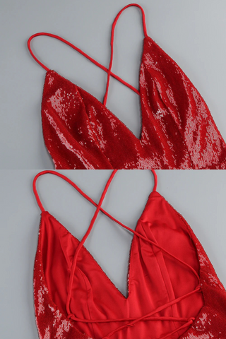 Red Sequin Plunge V-Neck Backless Long Dress