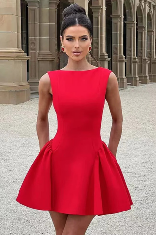 Round Neck Fit Sleeveless Flare Backless Mini Dress