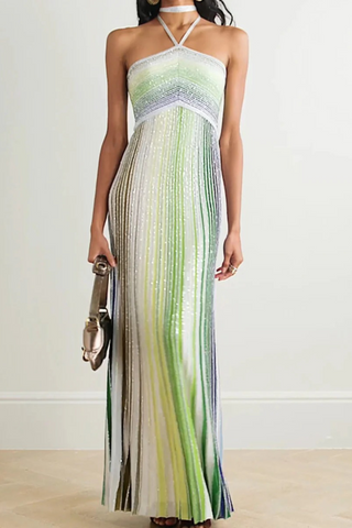 Halter Neck Contrast Stripe Pleated Long Dress