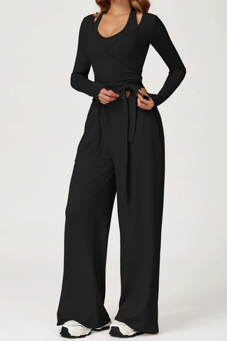 3-Piece Sport Wrap Lounge Set with Long Sleeve Crop Top, Halter Tank, and Wide-Leg Pants