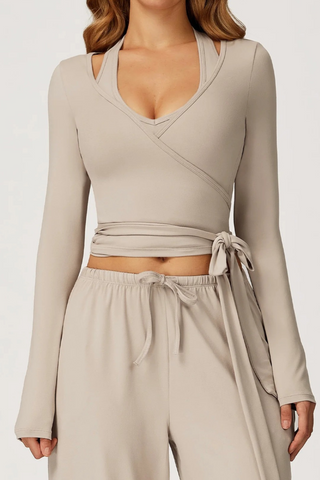 3-Piece Sport Wrap Lounge Set with Long Sleeve Crop Top, Halter Tank, and Wide-Leg Pants