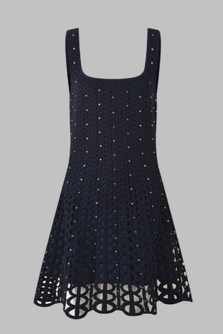 Navy Beaded Hollow Crochet Knit Mini Dress with Crystal Embellishments and Square Neckline