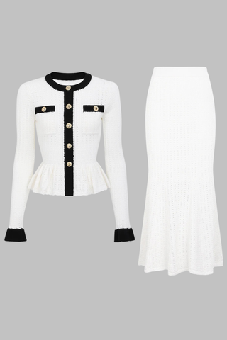 Knitted Two-Piece Set with Round Neck Peplum Cardigan and Midi-Long Mermaid Skirt