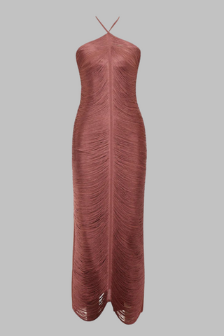 Luxury Halter Neck Backless Tassel Fringe Long Bandage Dress with High Slit