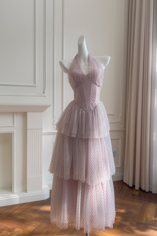 Blush Polka Dot Halter Dress with Tiered Mesh Skirt