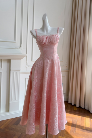 Blossom Pink Floral Jacquard Corset Long Dress with Lace Up Back and Pleated Bust