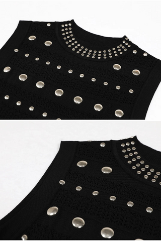 Sleeveless Knit Stud Metal Midi Dress with Ruffled Hem