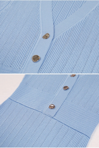 V-Neck Short Sleeve Knit Midi Dress with Buttons and Flared Hem