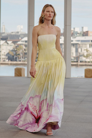 Strapless Pleated Bodice Gradient Long  Dress with Oversized Floral Hem