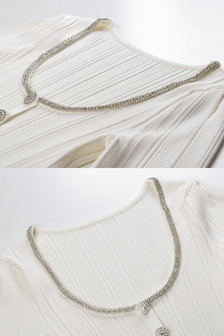 Ribbed Elastic Slim Fit U-Neck Long Sleeve Top with Rhinestone Trim